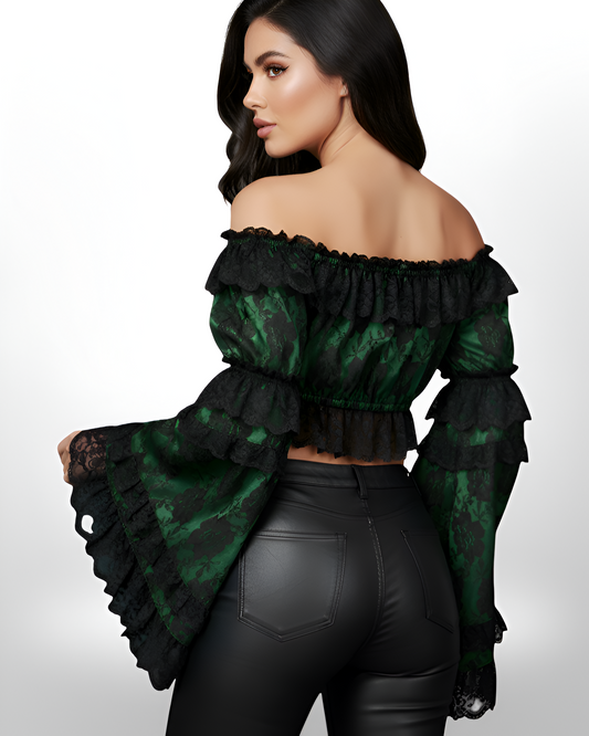 Green and Black Lace Peasant Top with Smocked Flare Sleeves