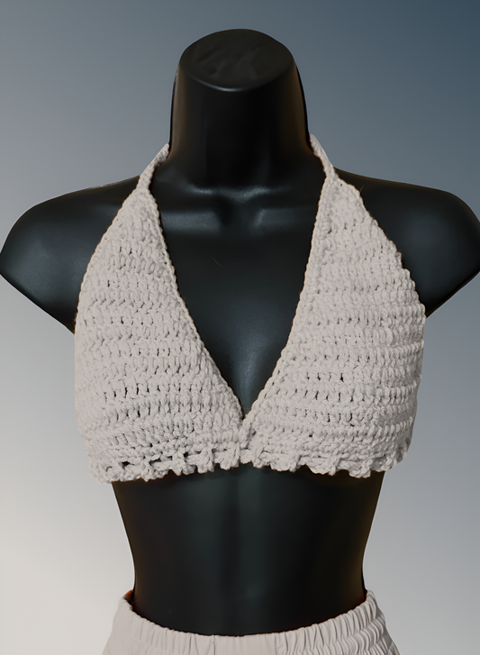 Full Coverage Cream Colored Tie Back Rave Festival Crocheted Bralette Bikini Crop Top - Autumn LeAnn Designs®