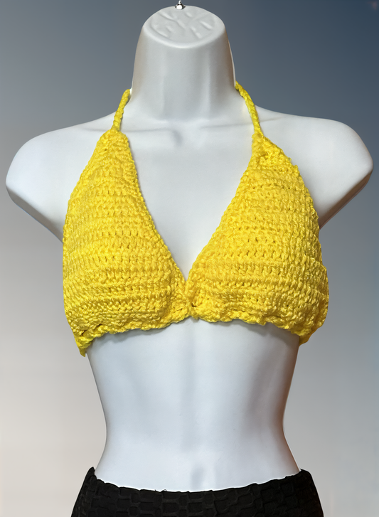 Full Coverage Yellow Tie Back Rave Festival Crocheted Bralette Bikini Crop Top - Autumn LeAnn Designs®