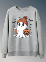 Gray sweatshirt with a Halloween-themed ghost design on a gray background