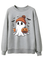 Gray sweatshirt with a Halloween-themed ghost design on a white background