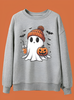 Gray sweatshirt with Halloween-themed ghost design on an orange background
