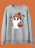 Gray sweatshirt with Halloween-themed ghost design on an orange background