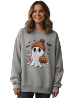 Woman wearing a gray sweatshirt with a Halloween-themed ghost design.