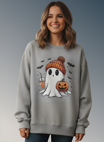 Woman wearing a gray sweatshirt with a Halloween-themed ghost design on a gradient background
