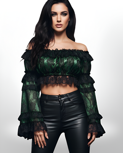 Green and Black Lace Peasant Top with Smocked Flare Sleeves