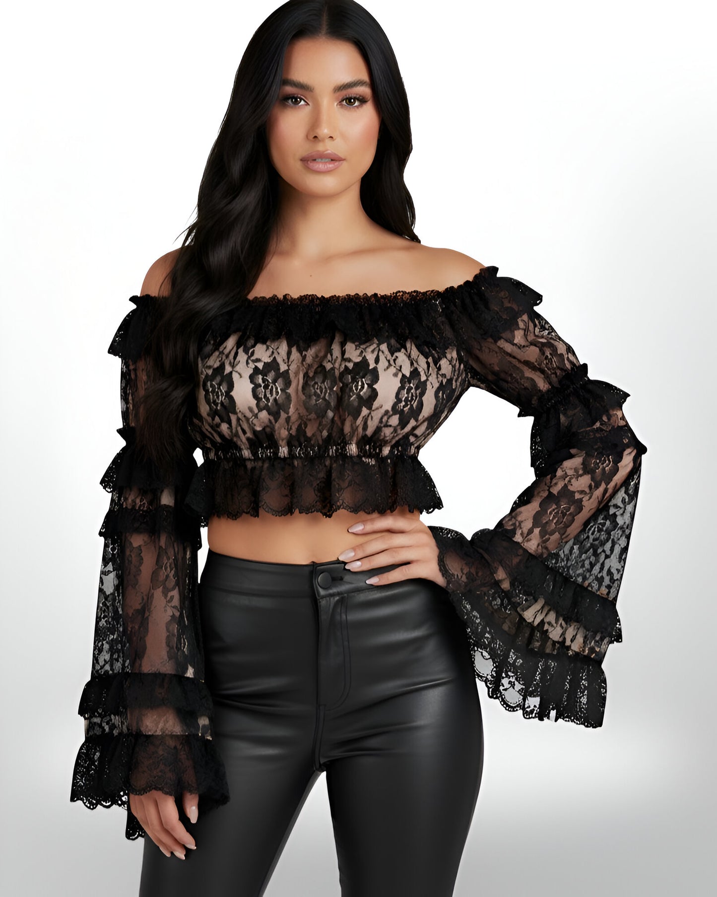 Nude and Black Lace Peasant Top with Smocked Flare Sleeves