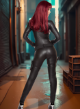 Person in a black leather outfit with red hair standing in a futuristic or industrial setting.