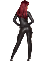 Person wearing a black leather outfit with red hair on a white background