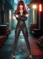 Person in a black leather outfit with red hair holding a gun in an urban setting.