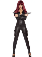 Person wearing a black leather outfit with red hair holding a gun on a white background