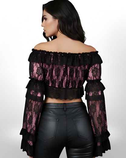 Pink/Black Lace Smocked Flare Sleeve Peasant Top
