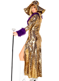 Woman in a leopard print costume with a hood and purple accents on a white background