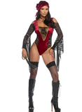 Model wearing a red and black costume with high boots on a white background