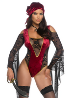 Woman in a red and black costume with a sword on a white background