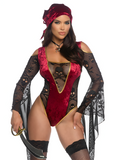 Woman in a red and black costume with a sword on a white background