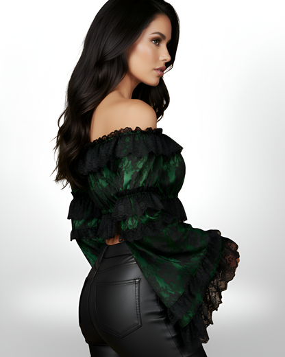 Green and Black Lace Peasant Top with Smocked Flare Sleeves