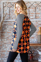 Orange and Black Halloween Checkered Contrast Striped Long Sleeve T-Shirt