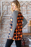 Orange and Black Halloween Checkered Contrast Striped Long Sleeve T-Shirt