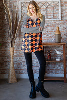 Orange and Black Halloween Checkered Contrast Striped Long Sleeve T-Shirt