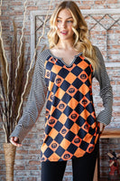 Orange and Black Halloween Checkered Contrast Striped Long Sleeve T-Shirt