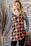 Orange and Black Halloween Checkered Contrast Striped Long Sleeve T-Shirt