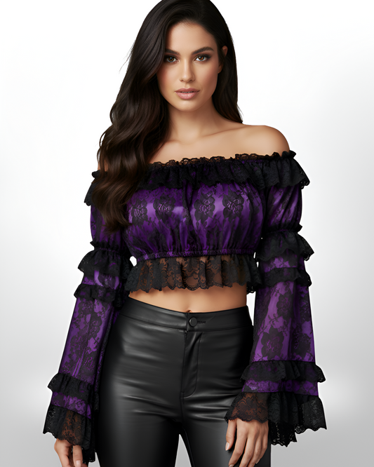 Purple and Black Lace Peasant Top
