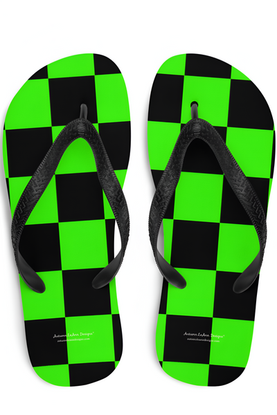 Autumn LeAnn Designs® | Adult Flip Flops Shoes, Checkers, Bright Neon Green & Black