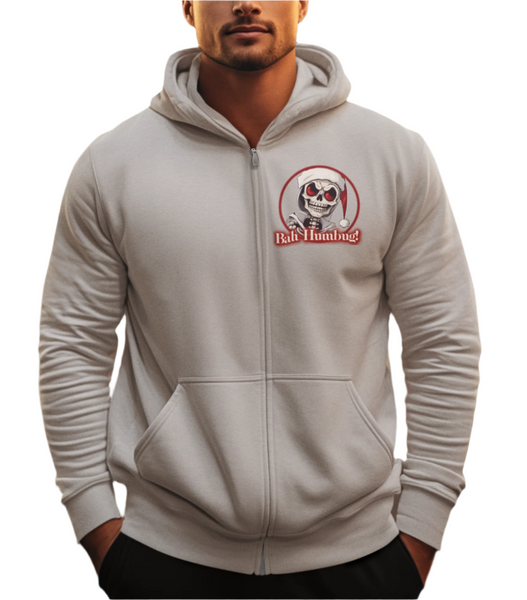 Autumn LeAnn Designs | Skeleton Not a Fan of Christmas Unisex Full Zip Hoodie, Gray