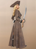 Person in a long brown costume with a hat and sword on a beige background