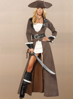 Person wearing a pirate costume with a long brown coat, tricorn hat, and holding a sword on a beige background.