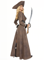 Woman in a pirate costume with a long brown dress, tricorn hat, and sword on a white background