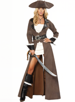 Woman wearing a pirate costume with a long brown coat, tricorn hat, and holding a sword on a white background.