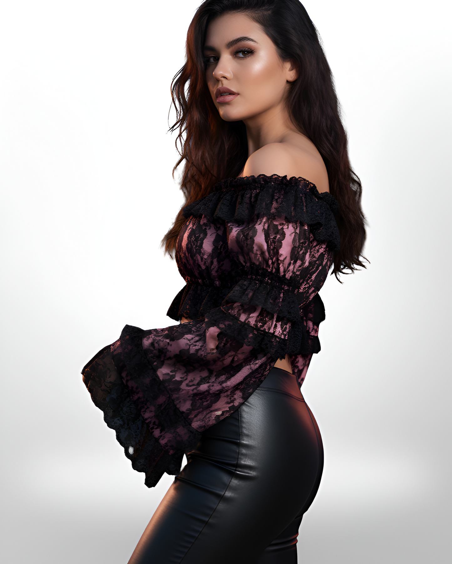 Pink/Black Lace Smocked Flare Sleeve Peasant Top