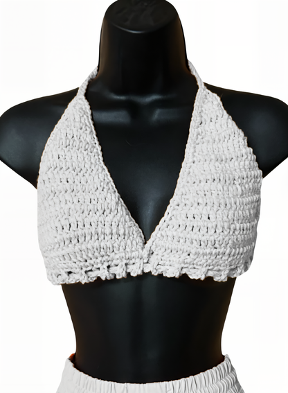 Full Coverage White Tie Back Rave Festival Crocheted Bralette Bikini Crop Top - Autumn LeAnn Designs®