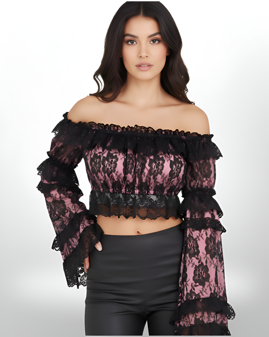 Pink/Black Lace Smocked Flare Sleeve Peasant Top
