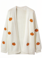 Fall Harvest Cozy Pumpkin Embroidered Knit Cardigan