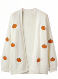 Fall Harvest Cozy Pumpkin Embroidered Knit Cardigan