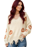 Frayed Pumpkin Harvest Sweater V-Neck Long Sleeve Sweater