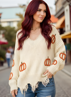 Frayed Pumpkin Harvest Sweater V-Neck Long Sleeve Sweater