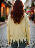 Frayed Pumpkin Harvest Sweater V-Neck Long Sleeve Sweater