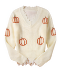 Frayed Pumpkin Harvest Sweater V-Neck Long Sleeve Sweater