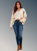 Frayed Pumpkin Harvest Sweater V-Neck Long Sleeve Sweater