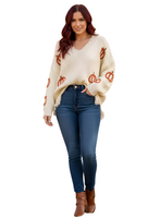 Frayed Pumpkin Harvest Sweater V-Neck Long Sleeve Sweater