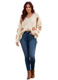 Frayed Pumpkin Harvest Sweater V-Neck Long Sleeve Sweater