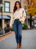 Frayed Pumpkin Harvest Sweater V-Neck Long Sleeve Sweater