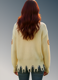 Frayed Pumpkin Harvest Sweater V-Neck Long Sleeve Sweater