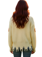 Frayed Pumpkin Harvest Sweater V-Neck Long Sleeve Sweater