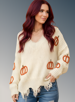 Frayed Pumpkin Harvest Sweater V-Neck Long Sleeve Sweater