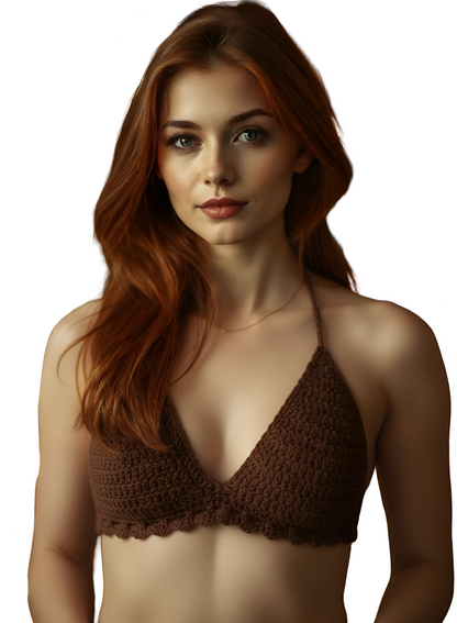 Full Coverage Brown Colored Tie Back Rave Festival Crocheted Bralette Bikini Crop Top - Autumn LeAnn Designs®